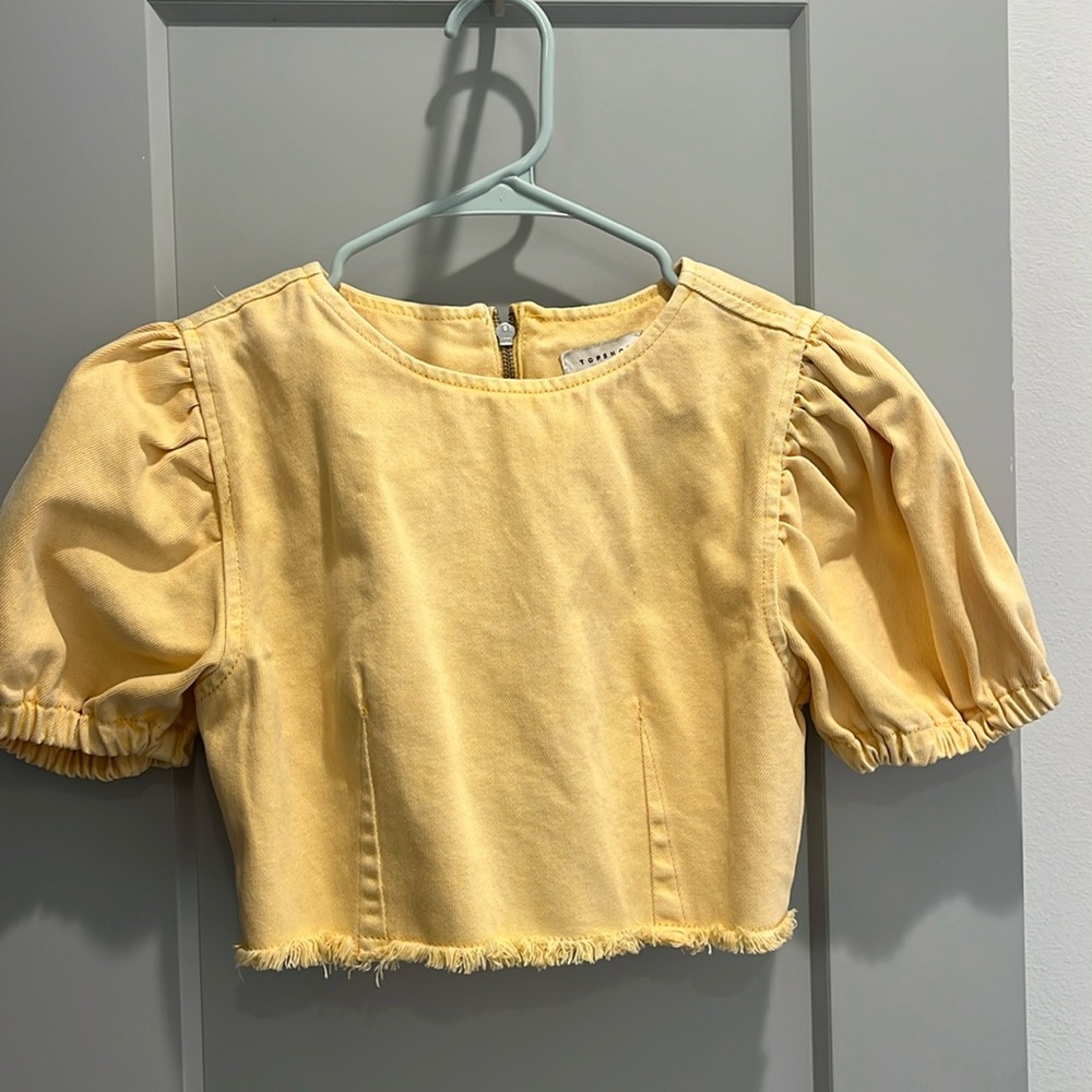 TOPSHOP yellow denim puff sleeve top